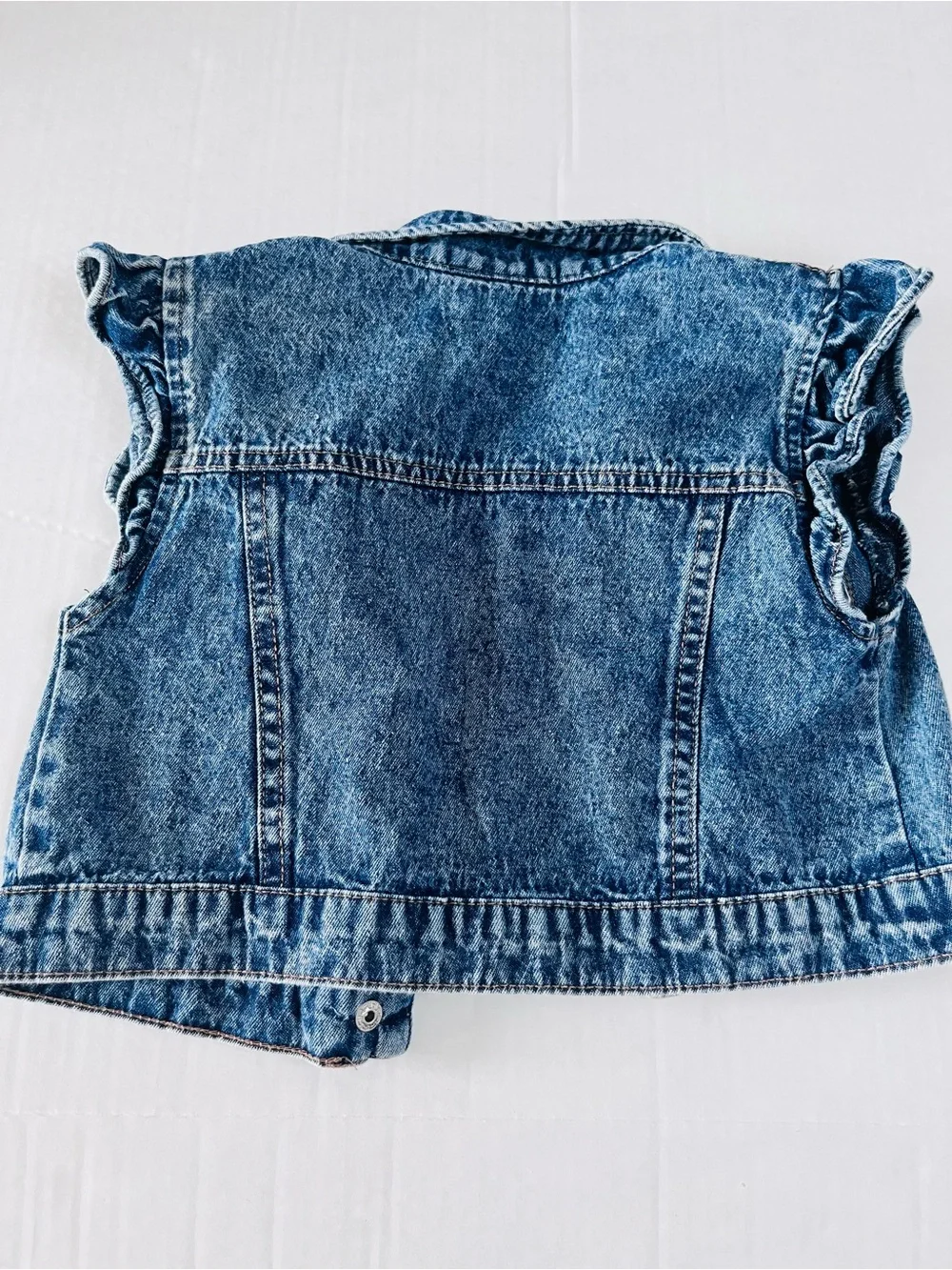 Little Lass Blue Denim Sleeveless Jacket with Floral Patches